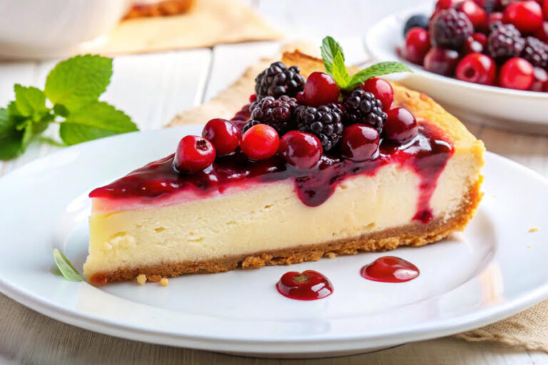 Rodzaje serników - sernik na talerzu z owocami i polewą